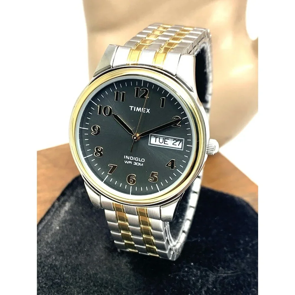 Timex Men's Watch T26481 Quartz 35mm Gray Dial Indiglo Two Tone Stretched Band